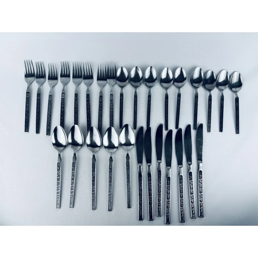 Vintage Maria Grande Floral Stainless Steel JAPAN Knives Spoons Forks Lot of 29